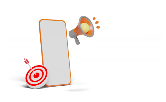 3d mobile phone, orange smartphone with megaphone,  target, darts, arrow isolated. promotion news for social media networks, business goal concept, 3d render illustration png