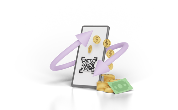3d mobile phone, smartphone with money banknote, coin, QR code isolated. transfer arrows, cashback, saving money wealth business, cashback money refund concept, 3d render png