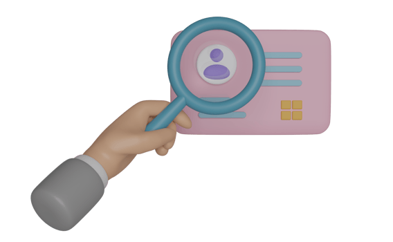3d Id card with hand holding magnifying glass isolated. job application, recruitment staff, human resources, job search  concept, 3d render illustration png