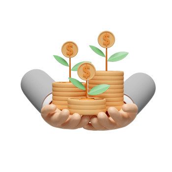3d businessman two hands holding pile coins stack with tree isolated. financial success and growth or saving money concept, 3d render illustration png