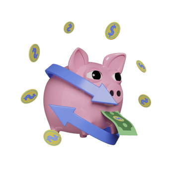 3d piggy bank float with dollar banknote, coin money isolated. transfer blue arrows, cashback, saving money wealth business concept, 3d render illustration png