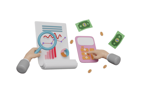 3d hand hold magnifying with clipboard checklist, personal data, charts, graph analysis business financial data, calculator, money dollar coin, banknote business strategy, 3d render png