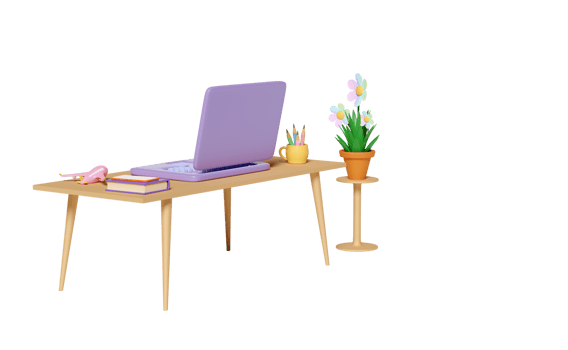 3d laptop computer on table with desk in office, coffee cup, plane, textbook, book, flower pot isolated. 3d render illustration png