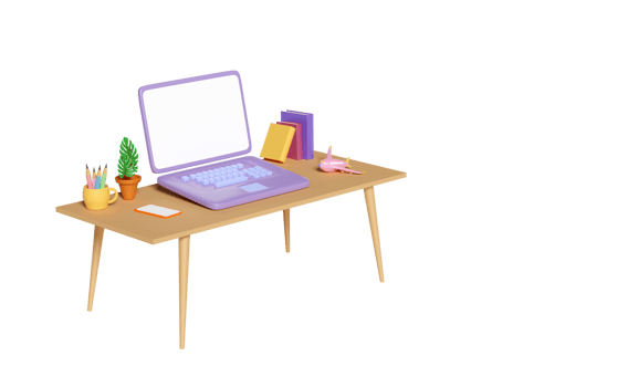 3d desk in office with laptop computer on table, textbook, book, coffee cup, plane isolated. 3d render illustration png