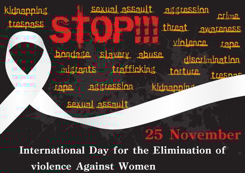 Big white ribbon and letter about Violence Against Women and Children Day in poster and vector design on world map, splash painted texture and black background.