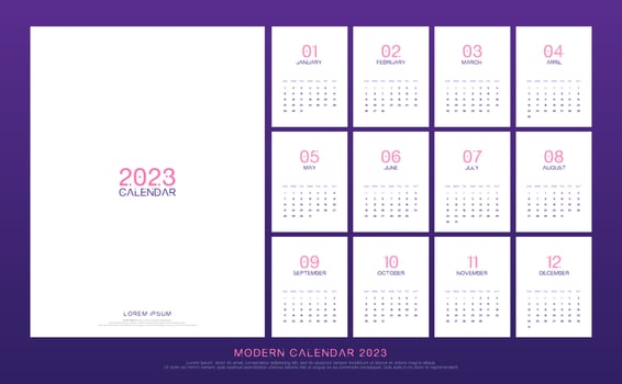 2023 Calendar Trendy Minimalist Style. Modern minimal calendar planner design for printing template set of 12 pages desk calendar. vector illustration