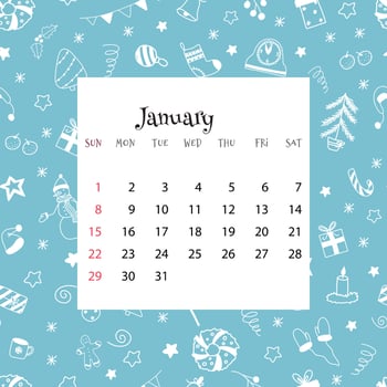 2023 Calendar for January. Vector illustration of month calendar on blue background with doodles. Seamless winter pattern with month grid in cartoon flat style.