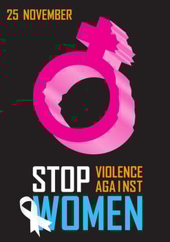 Pink icon of women broken and the day of event letters with colorful wording about International day for the elimination of Violence Against Women and ribbon isolate on black background. vector