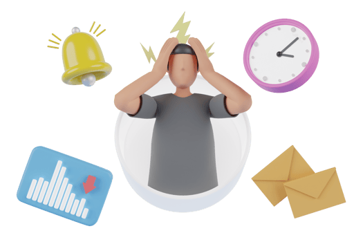 3D Work stress and bad time management concept. Overloaded busy multitasking person in fire missing business deadlines, hurrying with burning tasks. Idea of many work and few time. 3d rendering. png