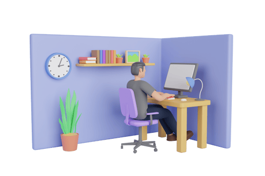 3D Man sitting in front of laptop, man work on computer. employee in a suit working on a laptop computer at his clean and sleek office desk. 3d rendering png