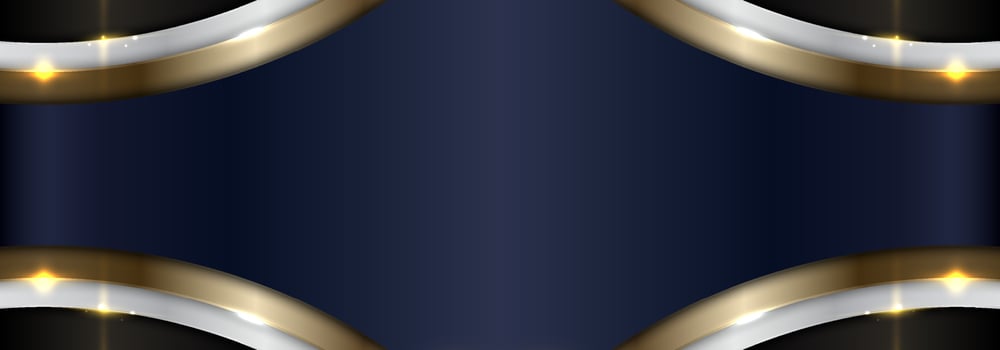 Banner web abstract elegant blue, white, gold metallic curved shapes layer on black background vector
