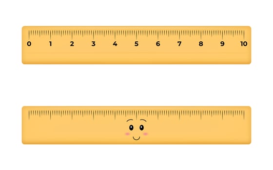 Cute wooden or plastic ruler measure instrument kawaii isolated. School measuring ruler in centimeters scale. Vector 3d illustration