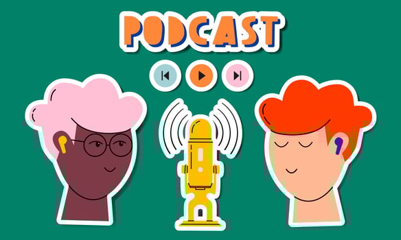 Headphones, microphone, two guys, lettering icons. Podcast recording and listening, broadcasting, online radio, audio streaming service concept. Hand drawn vector isolated colorful illustrations.