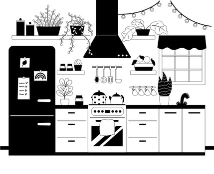 Cozy kitchen interior with plants in pots. Vector black and white outline illustration.
