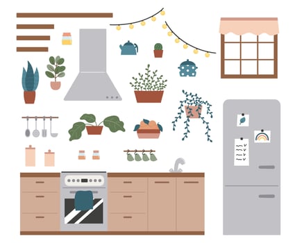 Hand drawn kitchen set with furniture, plants and decorations. Trendy pastel colors. Doodle icons for cooking, bakery, cafe and  restaurant. vector