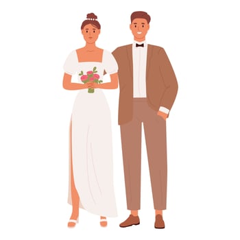 Man and woman in festive clothes with flowers and rings. Wedding, marriage day. Bride and grooms vector