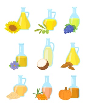 Vector set of seed oils isolated on white. Illustration in flat style. Sunflower, olives, grapes, coconut, pumpkin, flax, almond oil in glass jar. Flowers and seeds