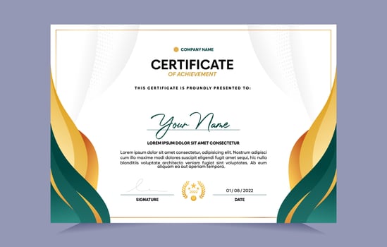 Green and gold certificate of achievement template set with gold badge and border. For award, business, and education needs. Vector Illustration