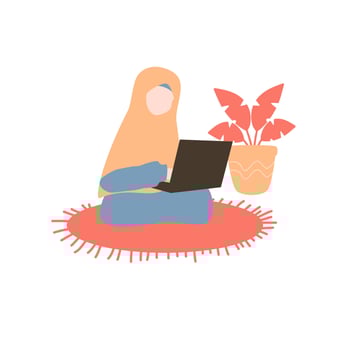 Muslim woman work on laptop vector
