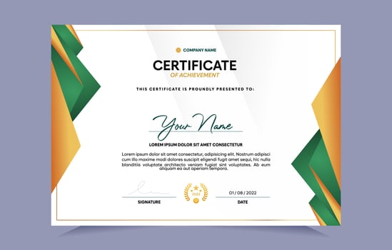 Green and gold certificate of achievement template set with gold badge and border. For award, business, and education needs. Vector Illustration