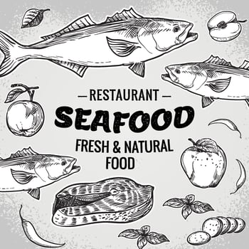 Vector hand drawn seafood restaurant illustration. Vintage style. Retro sketch background. Template