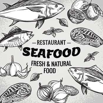 Vector hand drawn seafood restaurant illustration. Vintage style. Retro sketch background. Template