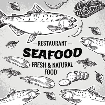 Vector hand drawn seafood restaurant illustration. Vintage style. Retro sketch background. Template