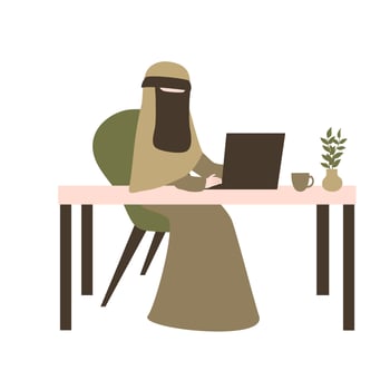 Muslimah study and work on laptop vector