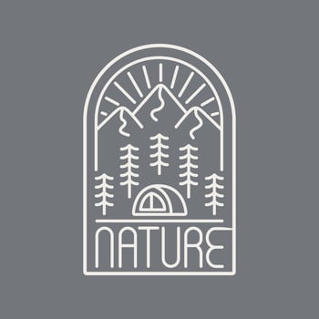 Nature camp and mountain in mono line for badge patch emblem graphic vector art t-shirt design