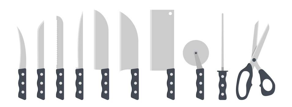 Set of kitchen knives clipart vector illustration. Knife with plastic handle flat design. Peel, vegetable, fillet, santoku, cleaver, pizza cutter, knife sharpener, scissors. Kitchen concept icon logo