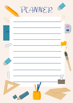 the planner for the student is decorated with stationery notebooks books markers paints pencils ruler vector