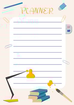the planner for the student is decorated with stationery books markers paints pencils paper clips eraser lamp vector
