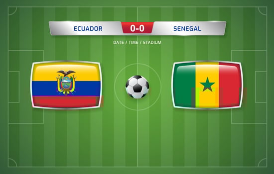 Ecuador vs Senegal scoreboard broadcast template for sport soccer tournament 2022 and football championship vector illustration
