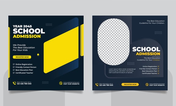 School admission social media post banner, educational social media post square flyer back to school web banner design template vector
