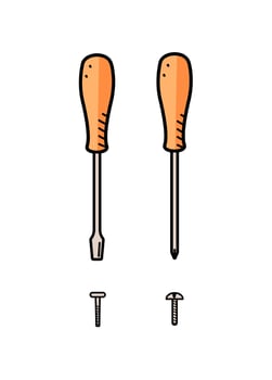 Screwdrivers and screws, a set of doodle construction tools, vector illustration on white