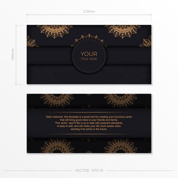 Rectangular Postcard Template Black with luxurious ornaments. Print-ready invitation design with vintage patterns. vector