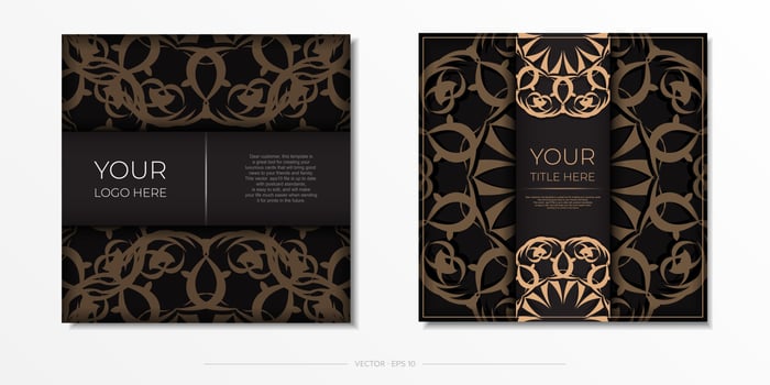 Square vector postcard design in black color with luxury ornaments. Stylish invitation with vintage patterns.