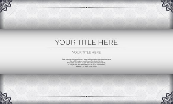 White luxury vector banner with abstract ornaments and place under text. Template for print design invitation card with vintage ornament.