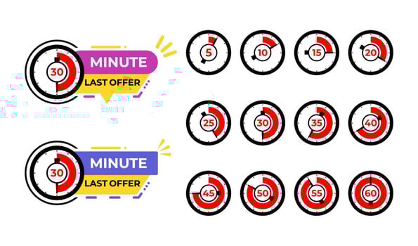 Set of bundle last minute offer banners element with clock icon. Countdown last minute offer from 5 to 60 seconds. vector