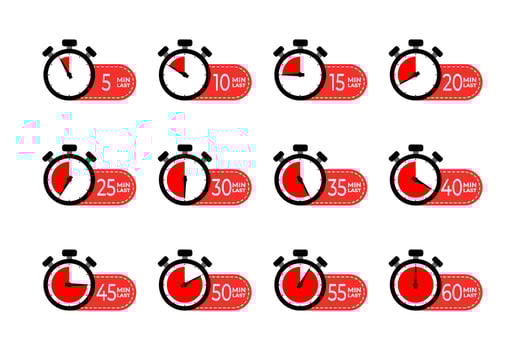 Set of stopwatch last minute icon. Countdown last minute from 5 to 60 seconds. Last minute banners element. vector