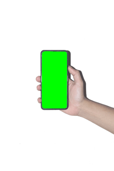 Man's hand holding a mobile phone on a white background and suitable for green screen, hand holding a green screen mobile phone png