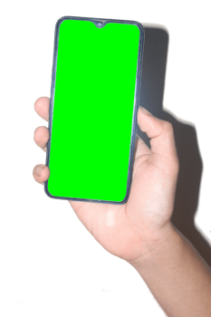 Man's hand holding a mobile phone on a white background and suitable for green screen, hand holding a green screen mobile phone png