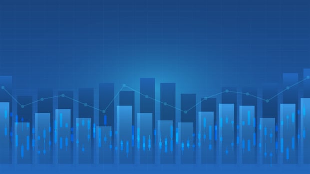 stock market and cryptocurrency trading chart concept. candlestick and bar graph with volume indicator show digital money or financial statistics and business earning management on blue background vector