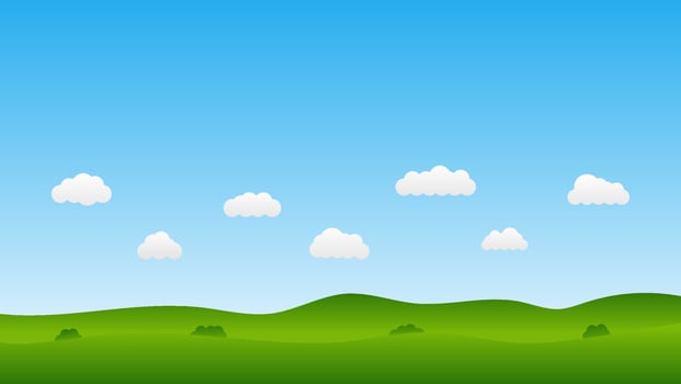 landscape cartoon scene with green trees on hills and white fluffy cloud in summer blue sky background vector