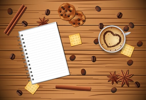 Vintage frame with cup of coffee, cinnamon, and biscuit on wooden table vector