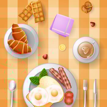 Breakfast with eggs, bacon, bread, croissant and a cup of coffee vector
