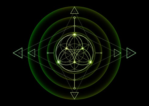 Sacred Geometry, Flower of Life, lotus flower mandala. Green gradient logo Symbol of Harmony and Balance, Glowing Geometrical Ornament, yoga relax, vector isolated on black background