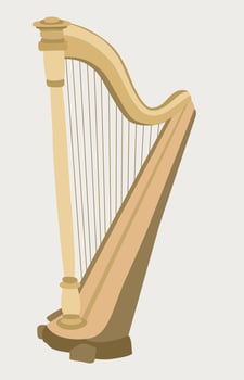 Harp. Plucked stringed musical instrument, consists of two frames located at an angle, between which many strings are stretched. vector