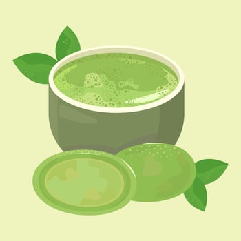 matcha tea in a cup. matches of matches and green tea leaves. cartoon style vector