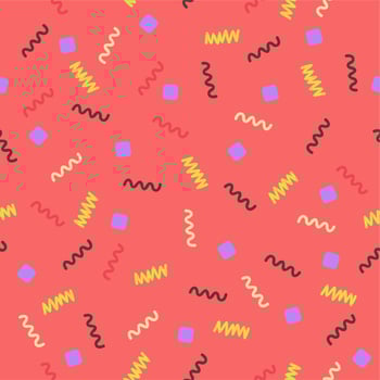 Vector seamless abstract pattern with colorful decorative geometric elements on bright pink background.